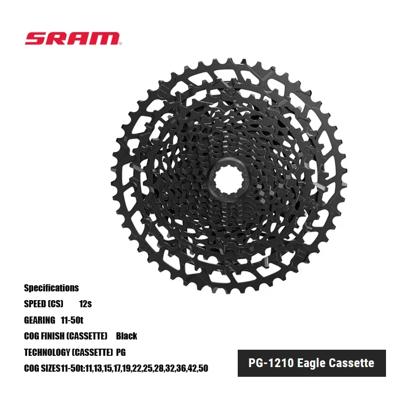 SRAM PG-1210 EAGLE™ CASSETTE FOR 12SPEED 10-50T Black PG TECHNOLOGY Works with low-cost wheels that have splined 8/9/10sp driver