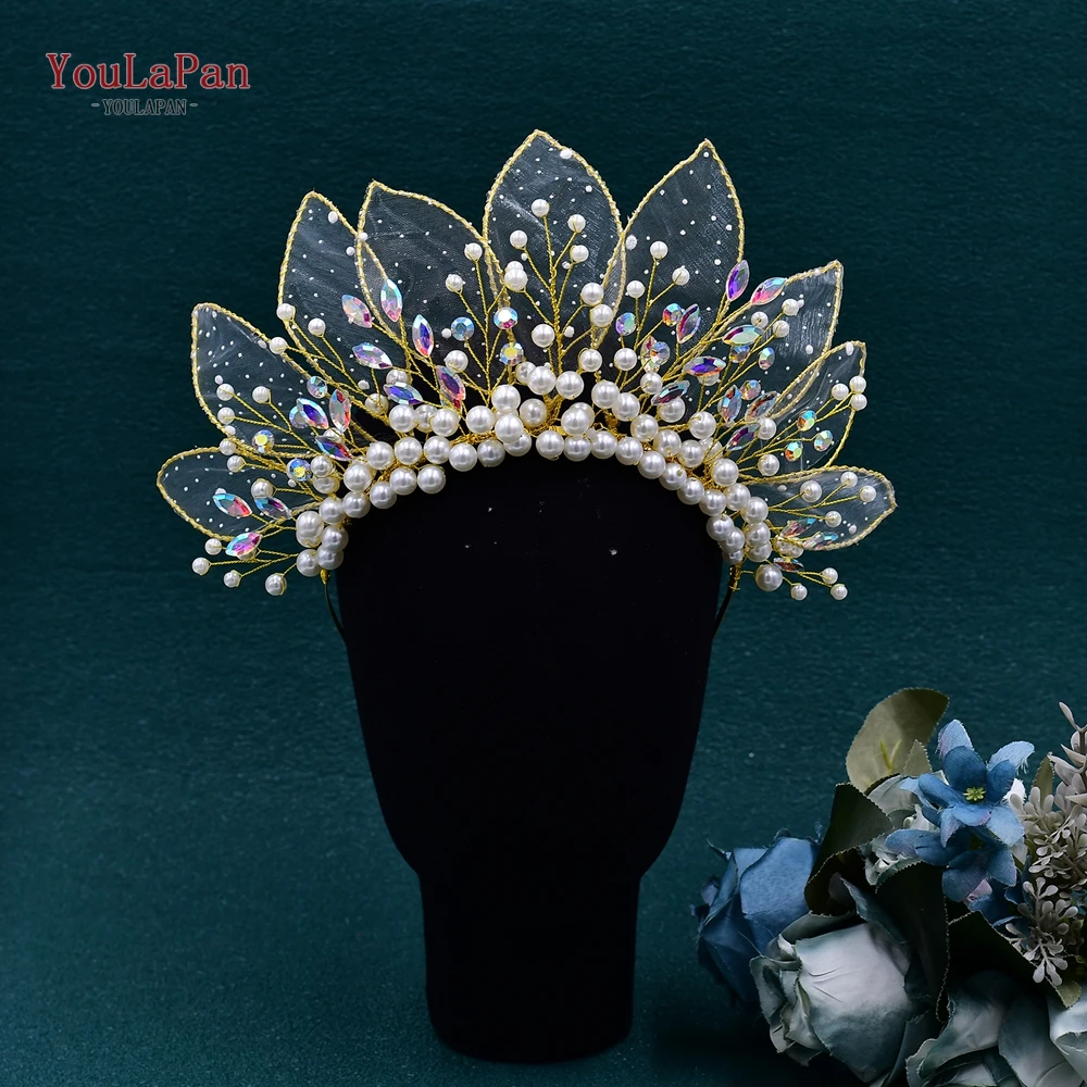 TOPQUEEN Princess Wedding Crown Bridal Hair Accessories Faux Pearl Crown for Bride Headwear Crystal AB Headdress For Party HP670