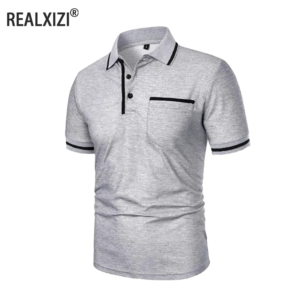 Men's Short Sleeve Polo Shirts Solid Color Casual T-shirt Summer Trendy Breathable Loose Basic Splice Top Pockets Men Shirts