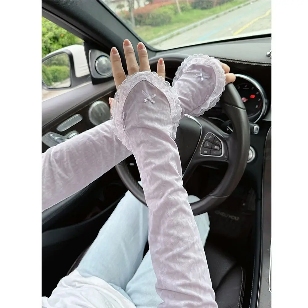 Breathable Sun Protection Sleeves Cooling Loose Fit Design Lace Arm Covers Elastic Trim with Bowknot Sunscreen Arm Guards
