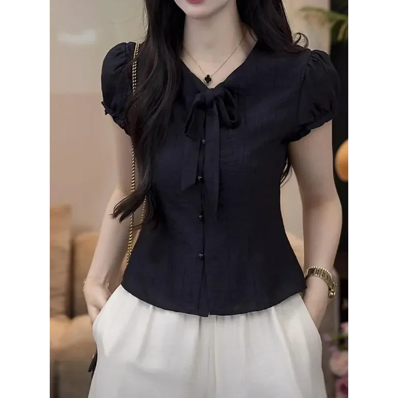 

Women's Tie Neck Blouse Puff Short Sleeve Button Down Slim Fit Casual Top