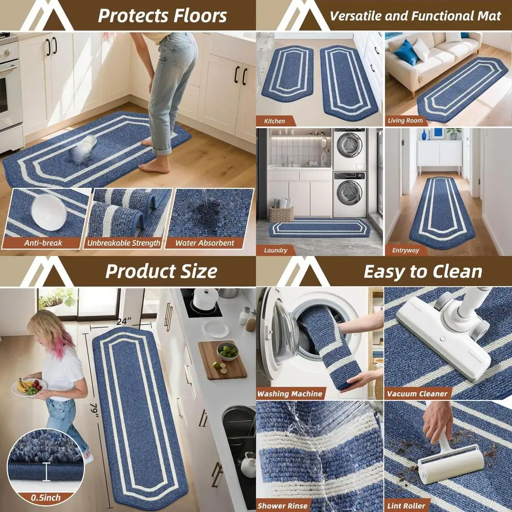 

Extra-Long Super Absorbent Kitchen Floor Mats 24x79 Inches, Non-Skid, Washable, Polypropylene, Blue