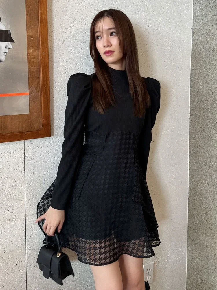 

Japanese Sweet Girls Fake Two-piece Stand-Up Neck High Waist Short Dresses Back Bow Splicing Slimming Long Sleeve Dress
