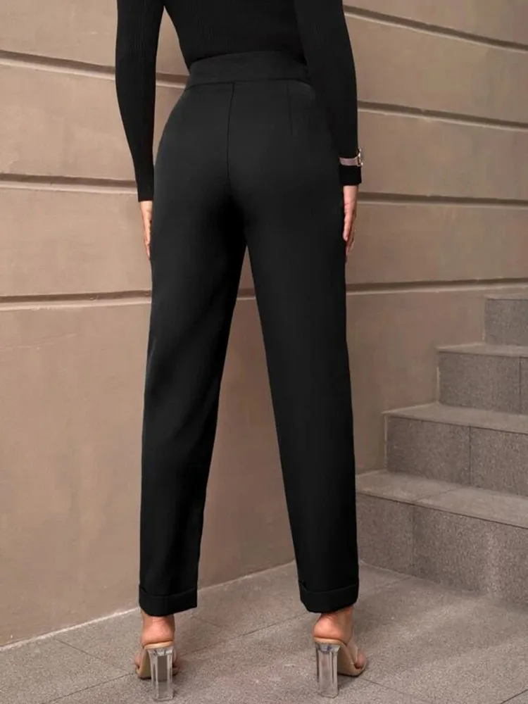 2024 Fashion Casual Women\'s High-waisted Solid Black Color Ninth Pants Suit Diagonal Pocket Tapered Trousers And Pants