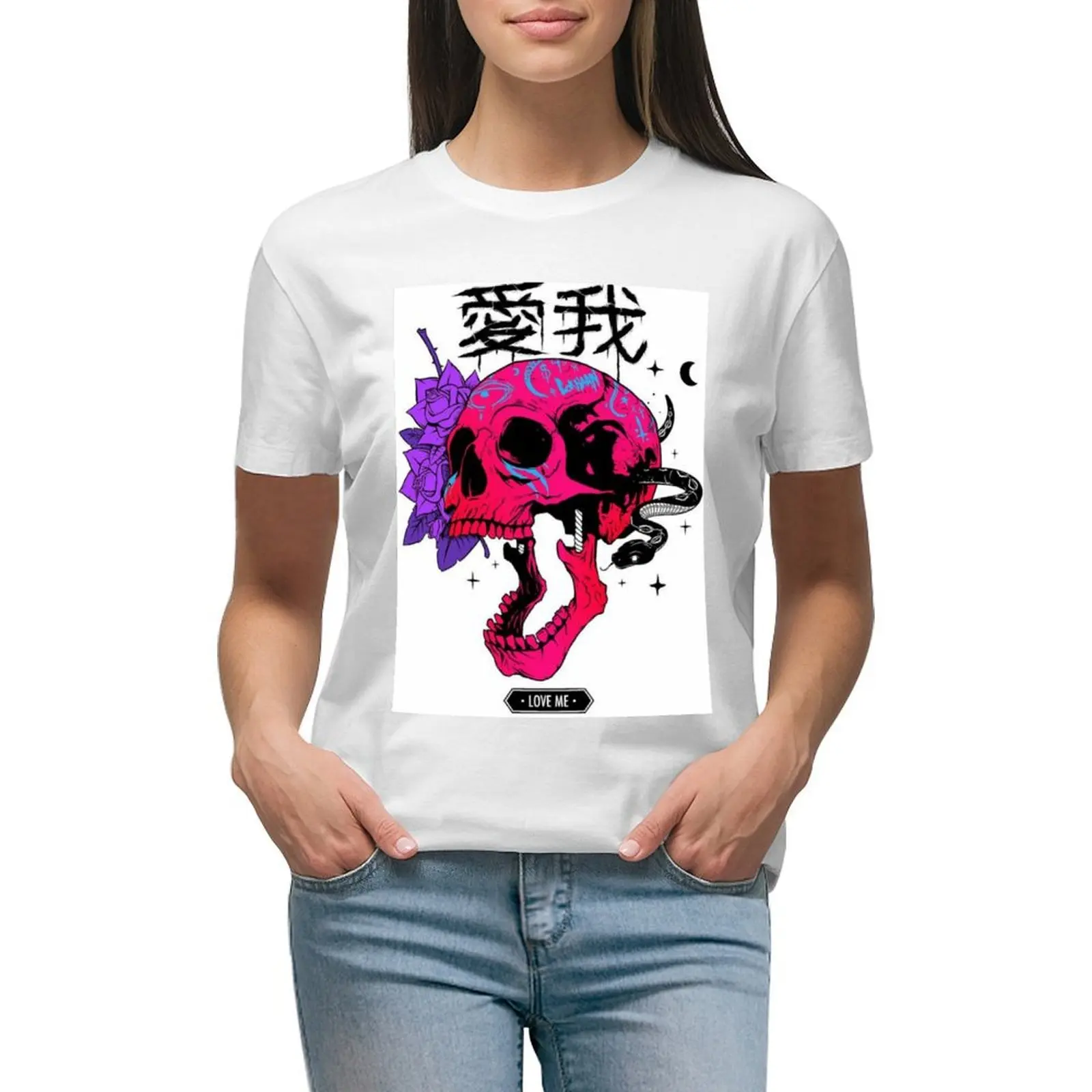 skull and roses T-shirt lady clothes summer top white t-shirts for Women