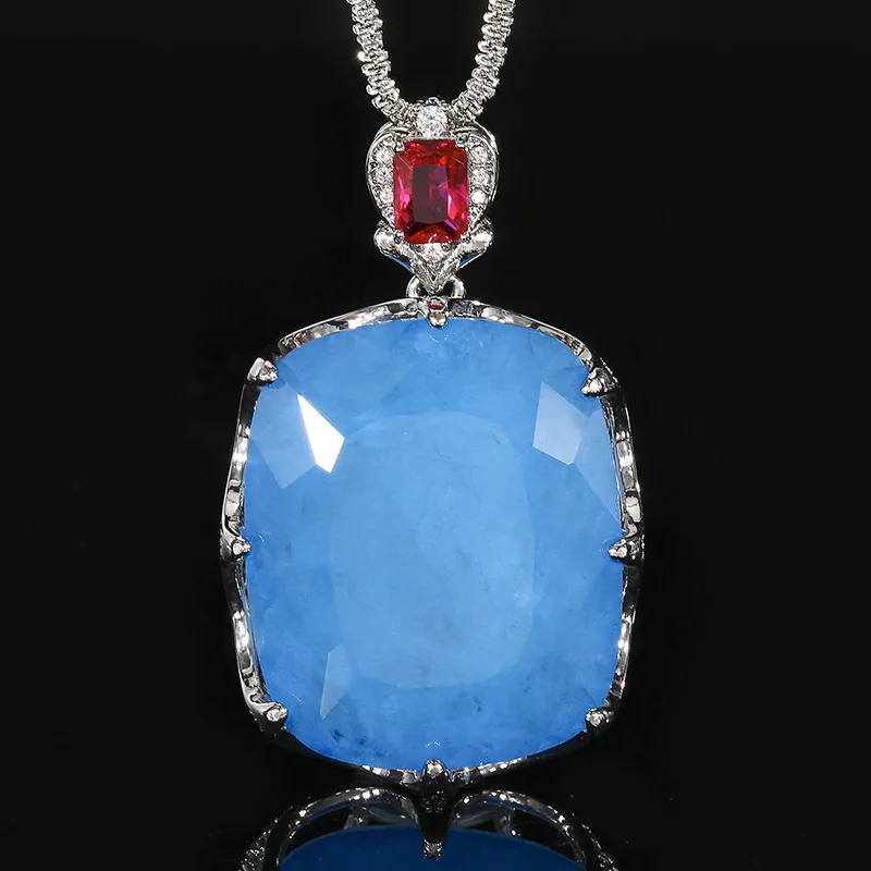 Large Cushion Cut Blue Stone Necklace Adjustable Ring Red Accent Statement Jewelry for Women Big Blue Gem Cocktail Party Gift view 4