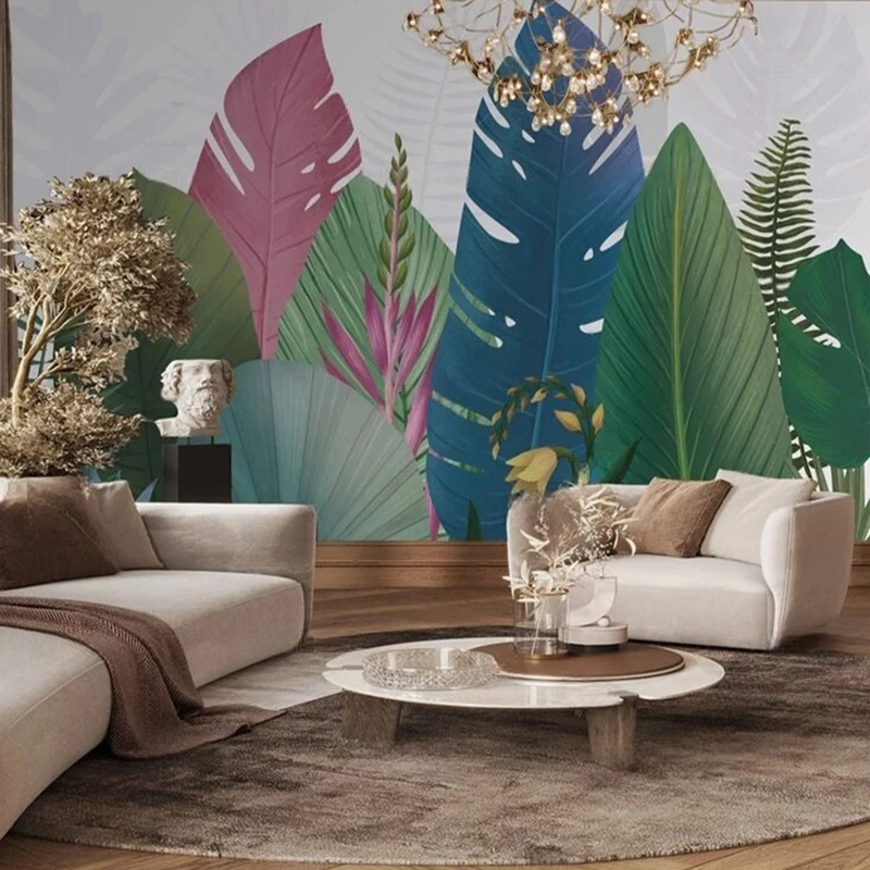 

MU8799 Custom high-definition large leaf pink and blue leaf background wall modern living room TV background sofa bedroom wall