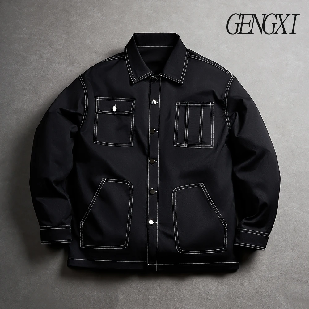 

Autumn/Winter Men's Denim-Style Single-Breasted Shirt Jacket Casual Fashion Windproof & Warm Mingji Line Lapel Collar Outerwear