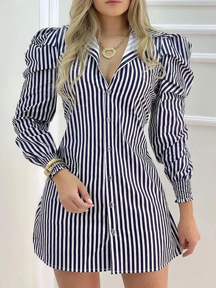 

Casual Striped Button Design Puffed Sve irt Dr Women Low Waist Bamboo Fiber ort Pants Faionable Trendy
