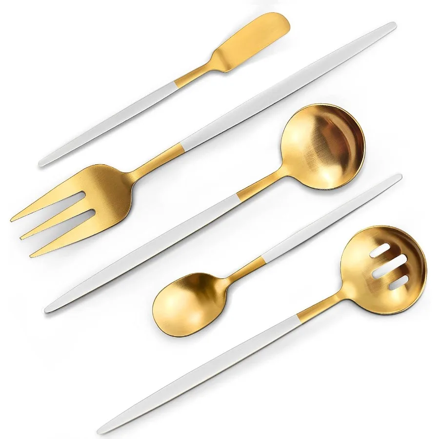 

Matte White Gold Serving Silverware Set 5Piece Round Shared Utensils Set of Stainless Steel Hostess Flatware Serving Set Satin