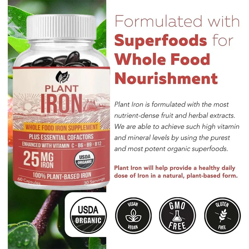 Organic Iron Supplement, Whole Food Minerals and Cofactors, 25mg Element, Healthy and Nutritious, 60 Capsules