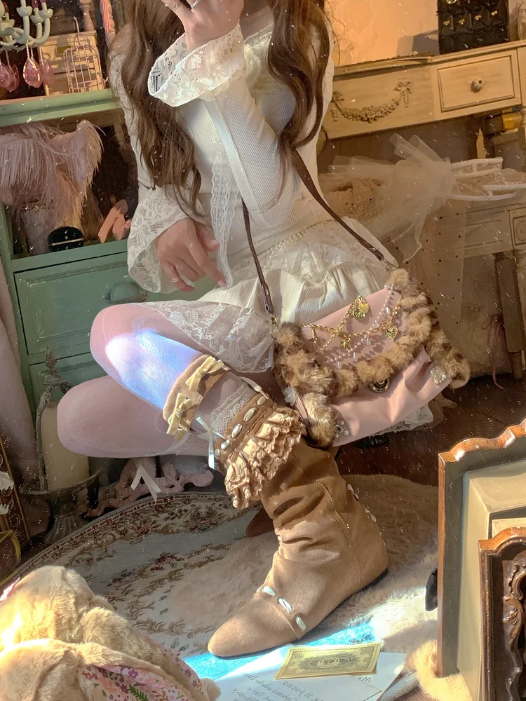 

Pinkyo Original Pleated Lace Velvet Bow Strap Mid Length Boots Western Cowboy Retro Pointed Knight Boots