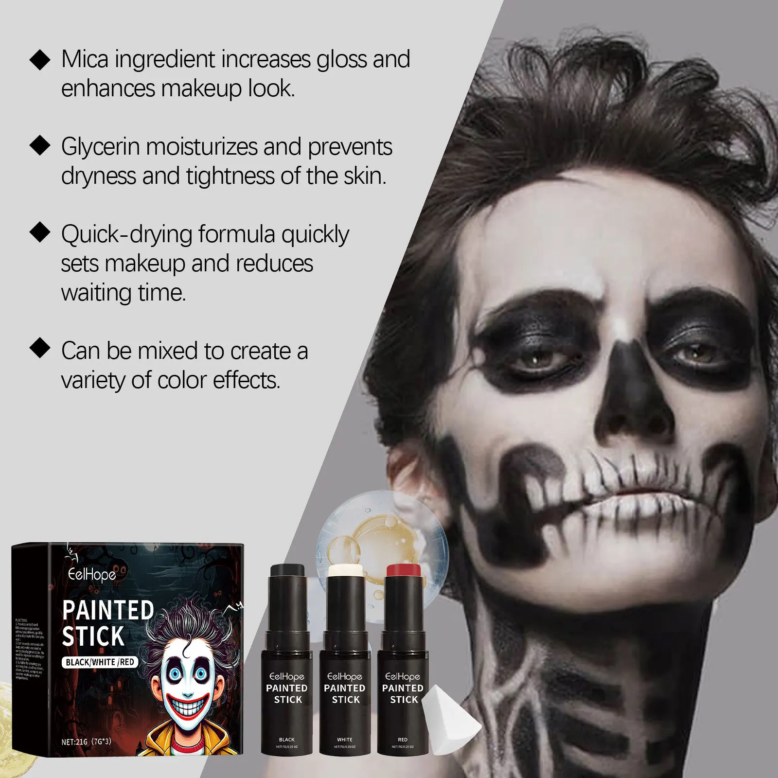 Juego de barras de pintura corporal para Halloween, cobertura completa de larga duración, resistente al agua, maquillaje negro, blanco y rojo, juego de maquillaje de pintura facial de payaso