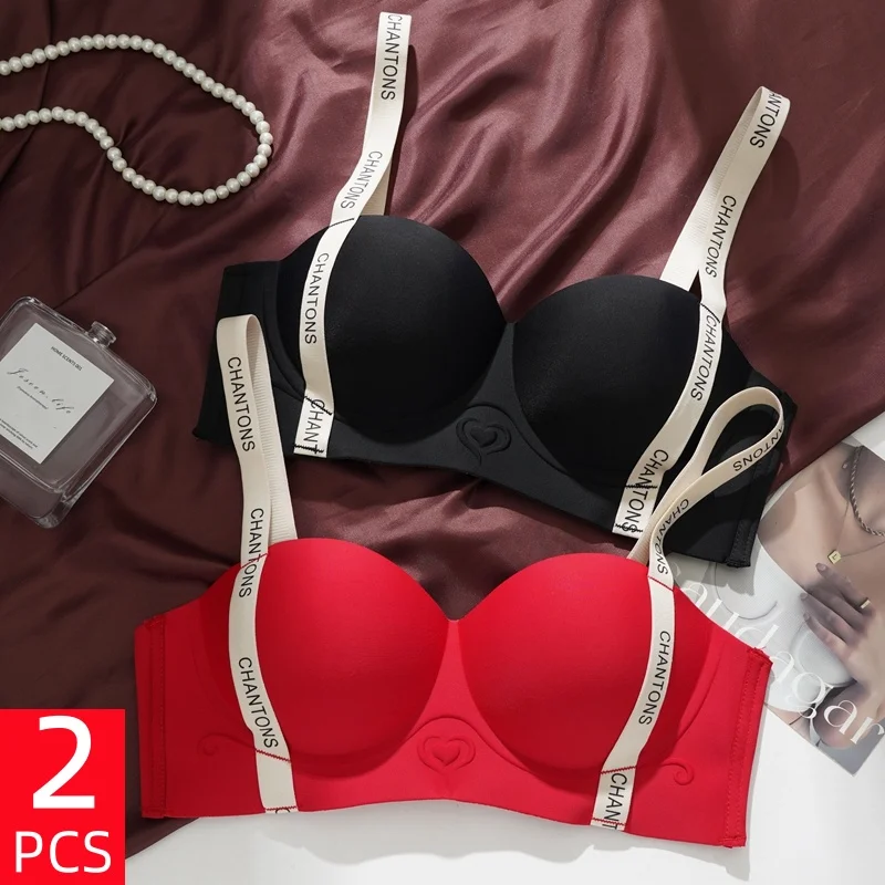 2PCS Women's Seamless Wireless Bra Letter Print Shoulder Straps Push Up Bra Comfortable Breathable Everyday Bra Ladies Lingerie