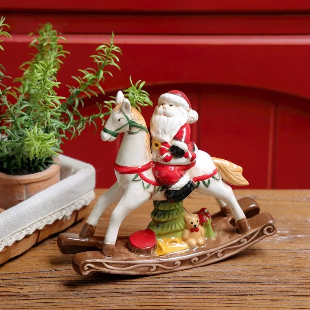 American Santa Claus Rocking Horse Ceramic Ornaments Living Room Bedroom Desktop Character Furnishings Crafts Christmas Gifts