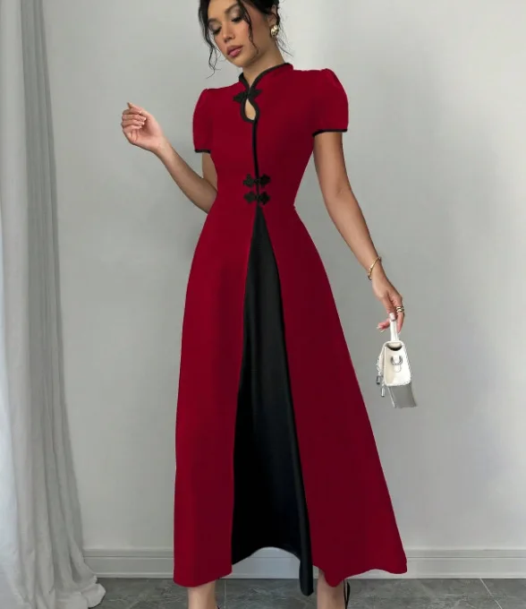 Dresses Women Party Long Dress Patchwork Puff Sleeve Stand Collar Button Tight Waist A Line Female Vestidos Summer Maxi Gown image 6