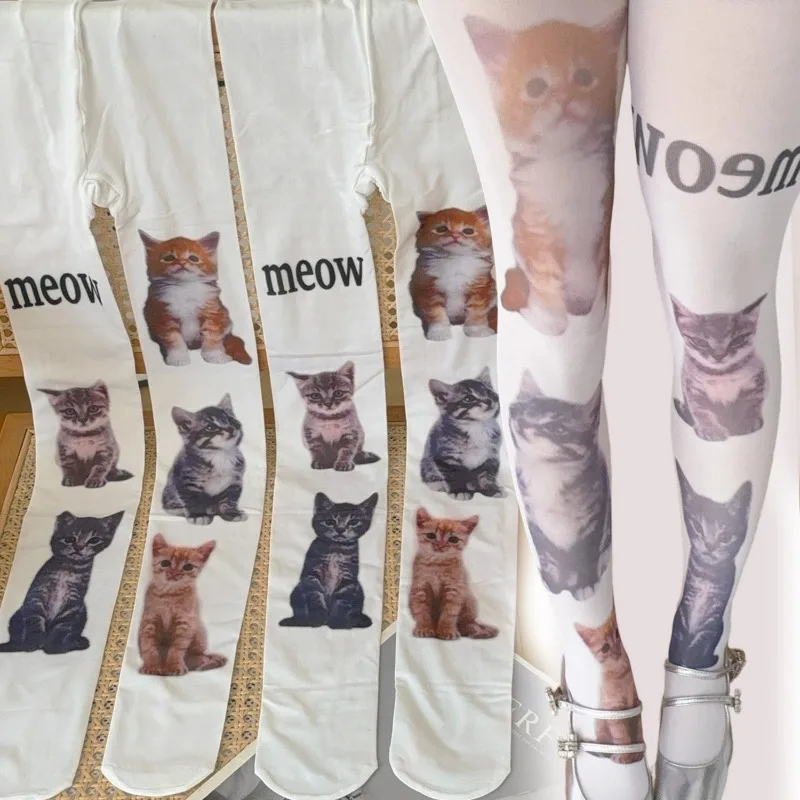 

Колготки с принтом кота Лолиты, женские уличные гольфы, гольфы в стиле Харадзюку, белые чулки для косплея, длинные носки для девочек
