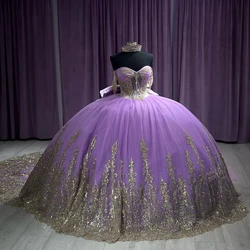 Purple Sparkly Quinceanera Dresses Ball Gown 2024 Off Shoulder Gold Applique Beads Bow Corset Vestido 15 años Lace-up Sweet 16