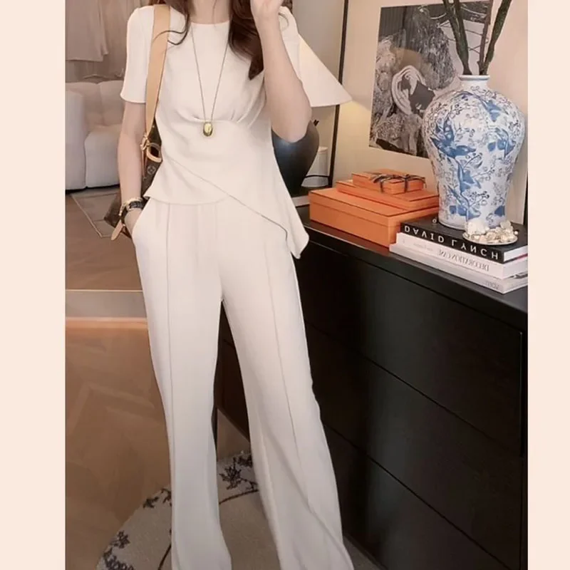 Pants two-piece women\'s summer new fashion suit irregular waist shirt coat semi-elastic waist wide leg straight tube pendant