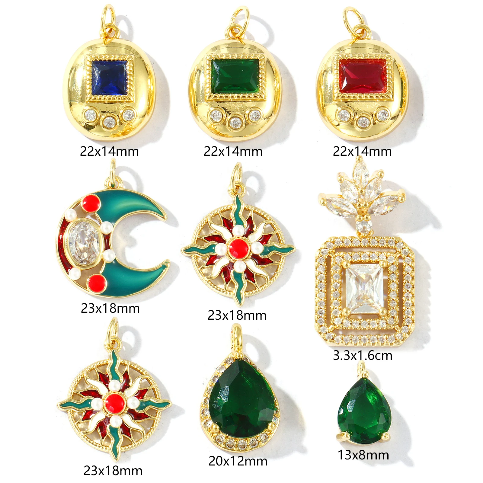 1 Piece Oil-Dripped Cubic Zirconia Geometric Oval Rectangle Shape Brass 18K Gold Plated Pendant For DIY Necklace Jewelry Making