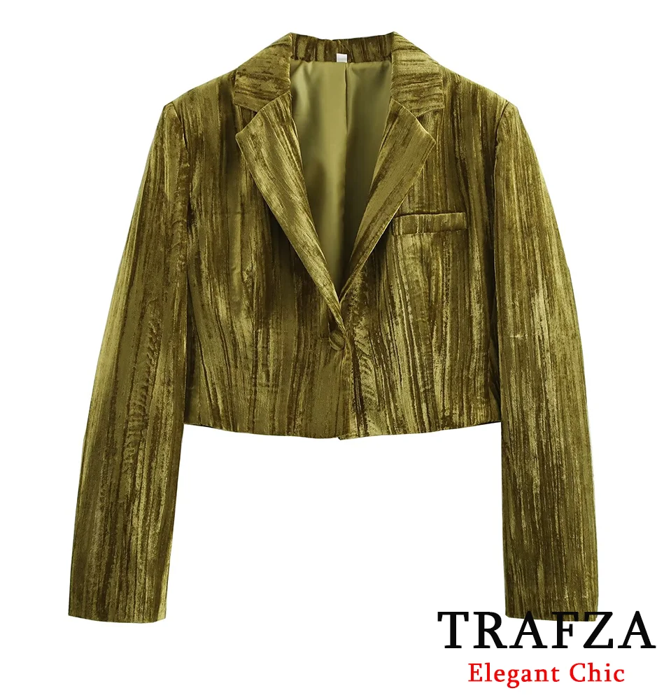 

TRAFZA-Women Elegant Short Blazer Lapel Velvet Short Jacket Coat New 2024 Fashion Fall Winter Vintage Romantic Slim Blazer