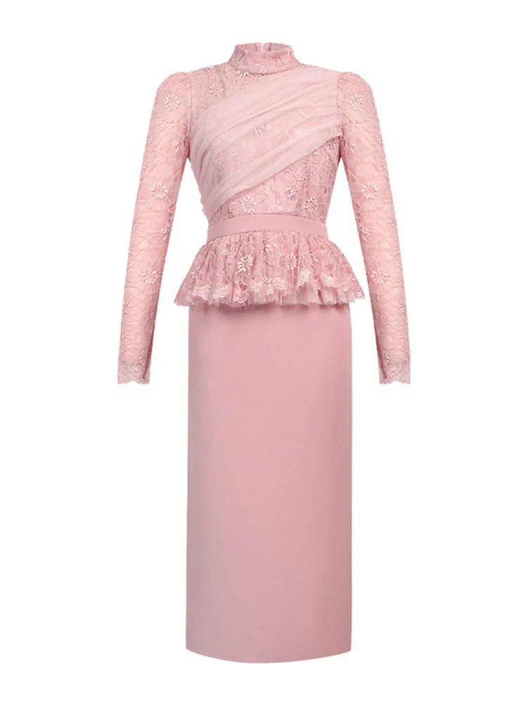 가짜 투피스 여성 프렌치 핑크 레이스 로브 시스루 러플 슬림핏 미디 드레스 우아한 오피스 정장 파티 프롬 데일리웨어 베스티도스