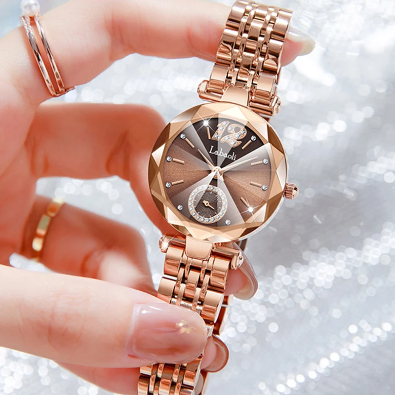 LAOBAOLI Women Wrist Watches 2023 Top Brand Luxury Rose Gold For Ladies Stainless Steel Watches Female Rhinestone Clock Gift