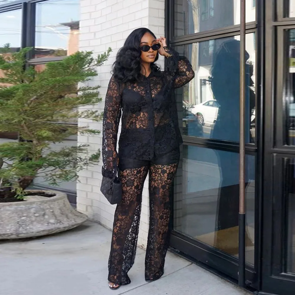 

Womens Lace Pants Sets Slim Lapel Top + High Waist Trousers Sexy Lady Floral Lace Translucent Y2k Bodysuit Suits
