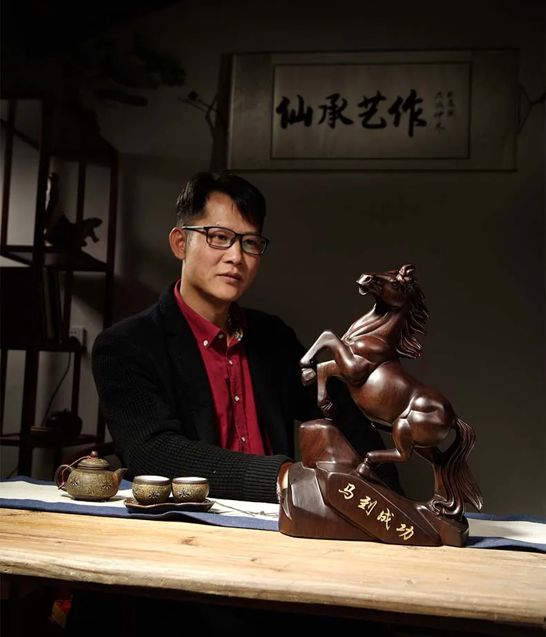 38CM Large-GOOD HOME office Spiritual efficacious Mascot # Success horse Handmade Rosewood carving FENG SHUI ART statue