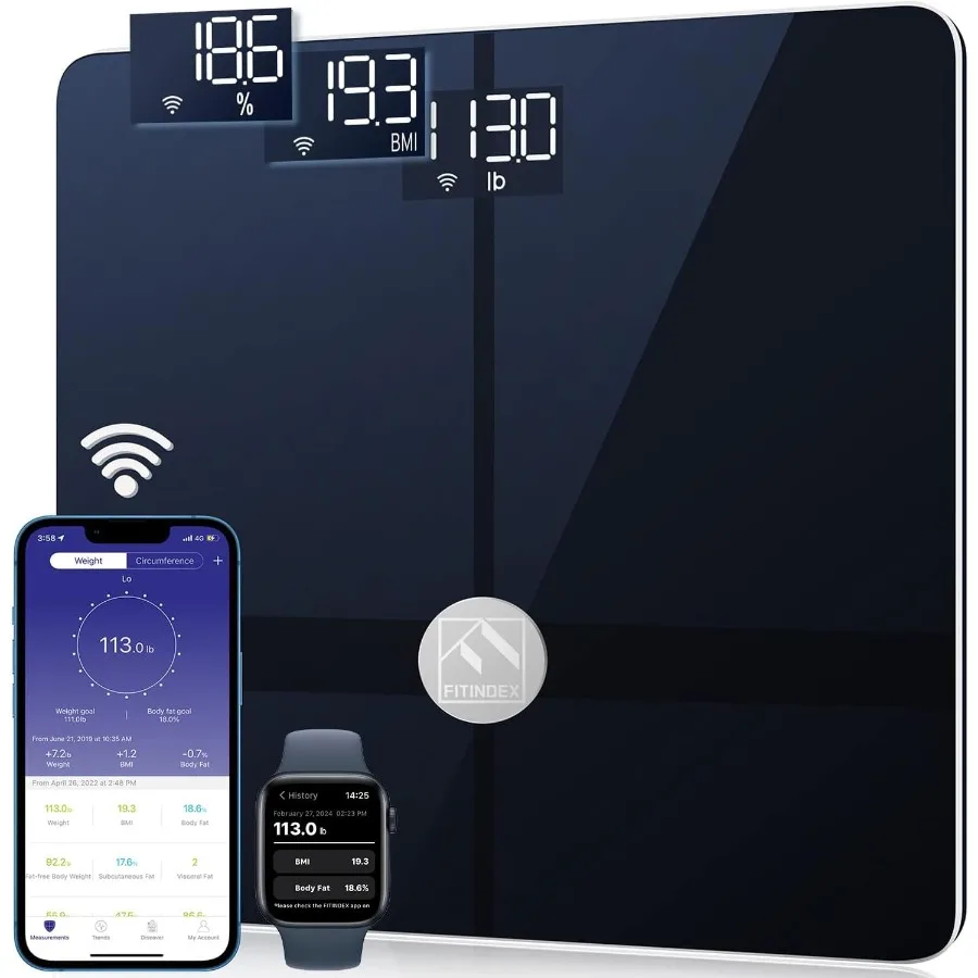 

Smart WiFi Body Scale with Bluetooth Connectivity for Bathroom Use: Advanced 13Parameter Body Composition Analysis Including BM