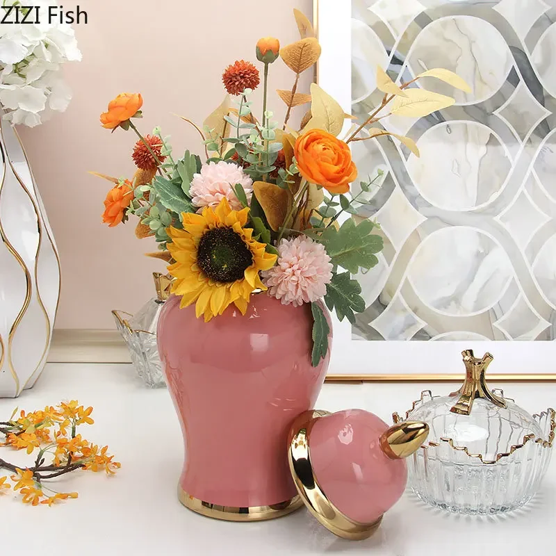 Minimalist Pink Ceramic General Jar 2 Pcs/set Gold Plated Ginger Jar Tea Canister Desk Decoration Flower Arrangement Floral Vase