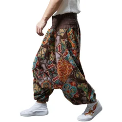 Pantaloni da Yoga in lino da uomo in cotone elastico in vita larghi Aladdin Hippie Harem pantaloni con cavallo basso pantaloni larghi con tasche stampa Unisex