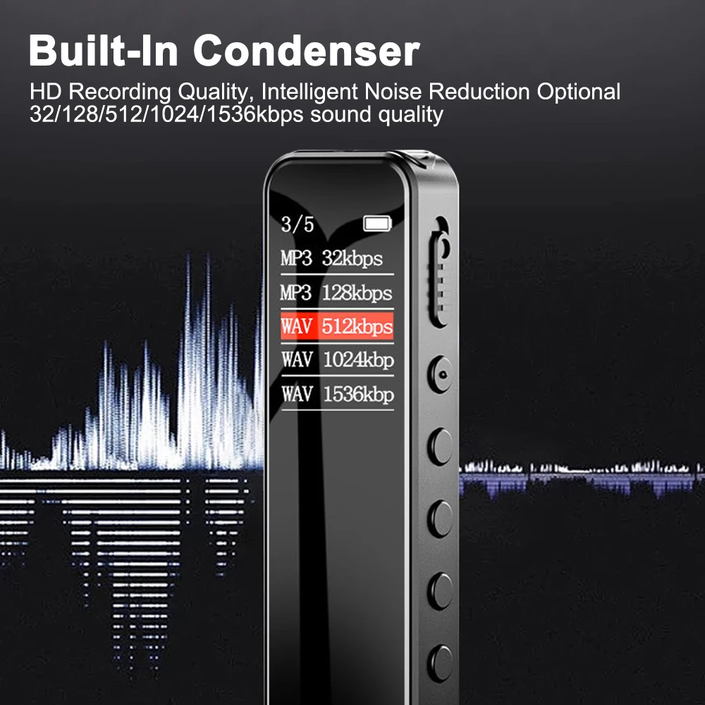 Digital Audio Voice Activated Recorder WAV 1536kbps Type-C Long Time Recording One Button to Record Dictaphone