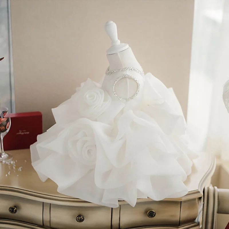 

First Dress Princess Gown 2025 New Style Girl Baby Birthday Celebration White Elegant Puffy Tulle