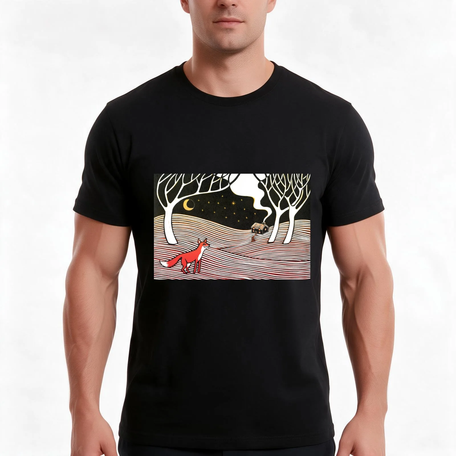 Stargazing - Fox in the Night - linocut by Francesca Whetnall T-Shirt, Summer Casual Cotton Tee, Oversized Streetwear Tops