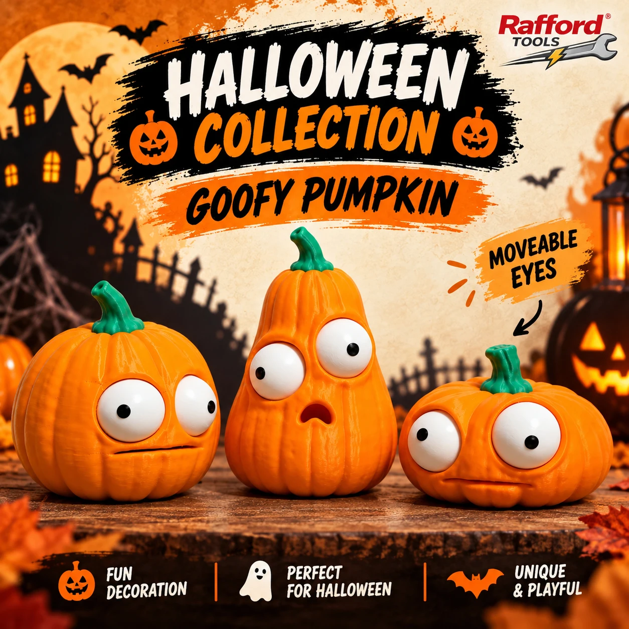 Rafford 3-teiliges Set Lustige Halloween-Kürbisfiguren mit Beweglichen Augen, Niedliche Kürbis-Dekorationen für Schreibtisch, Regal, Party und Heimdekoration – Detail 2