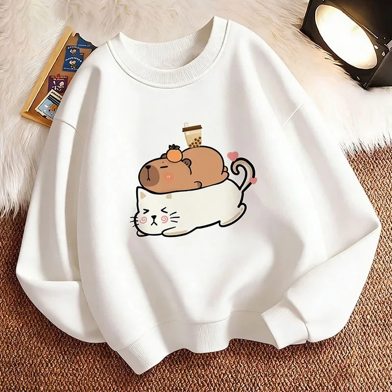 Unisex hoodie featuring cute cat and capybara prints—casual autumn/winter wear for boys and girls.