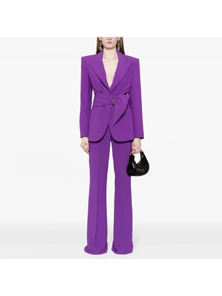 

2025 Spring And Summer Socialite Temperament Irregular Belt Slim Suit Jacket + Trousers Pant Sets For Women 2 Pieces