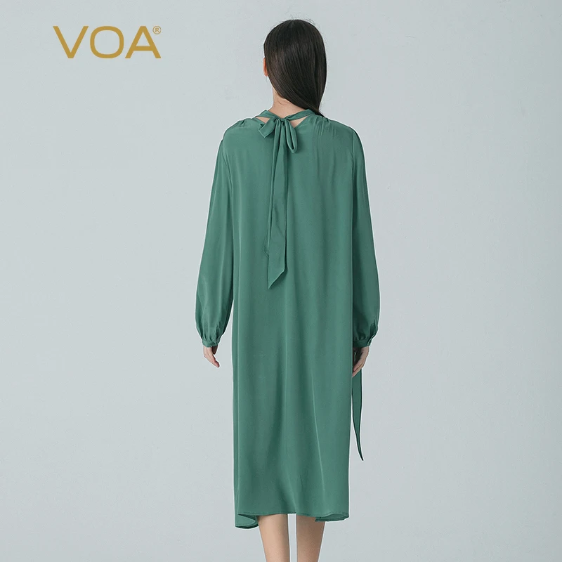 100% Pure Mulberry Silk Crepe De Chine Spring Green V-neck Shirt Long Sleeves Ribbon Decoration Loose Casual Dress AE1893