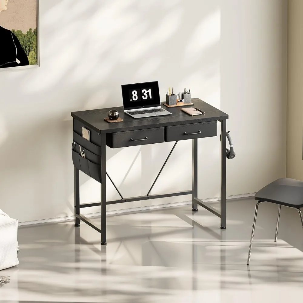Compact 31.5 Inch Desk with Drawers, Metal Frame, Modern Small Office Computer Table, Black, Space-Saving Furniture for Home Off