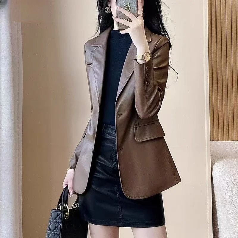 Solid Color Leather Female Jacket Advanced Large Size 4XL Faux Leather Women Top Autumn PU Leather Lady Outwear ﻿