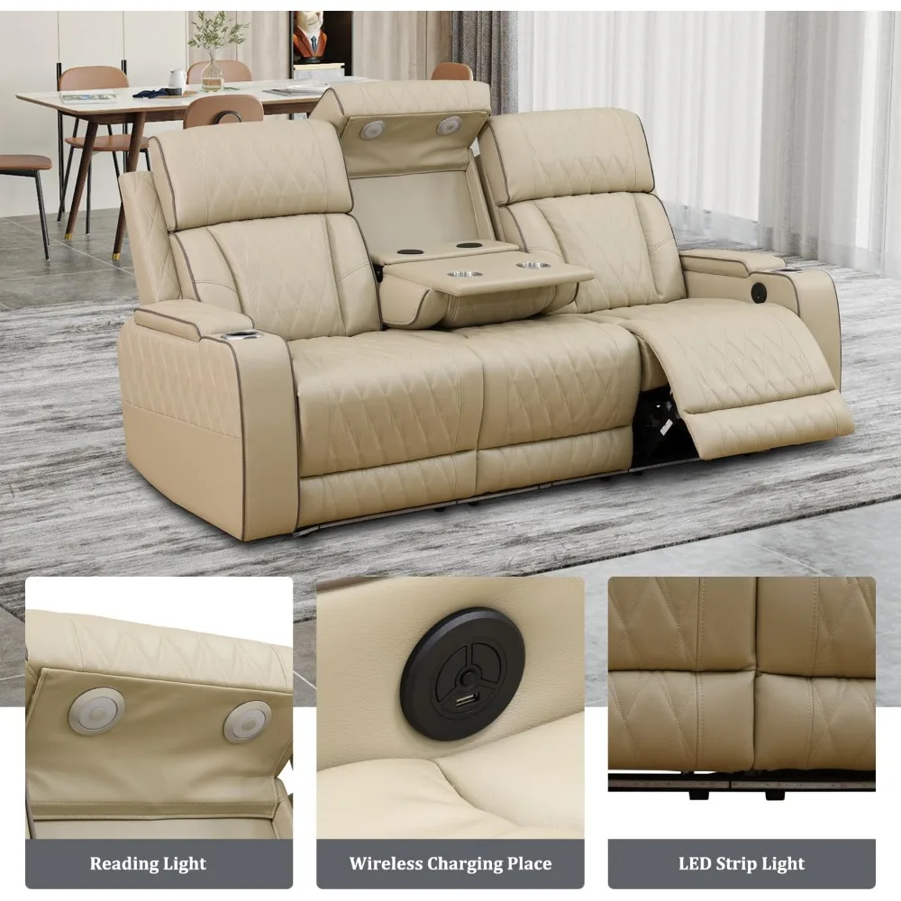 Leather Power Recliner Sofa Set, Leather Recliner Couch With USB Port/Storage Console/Cup Holder, Reclining Sofa Set With LED