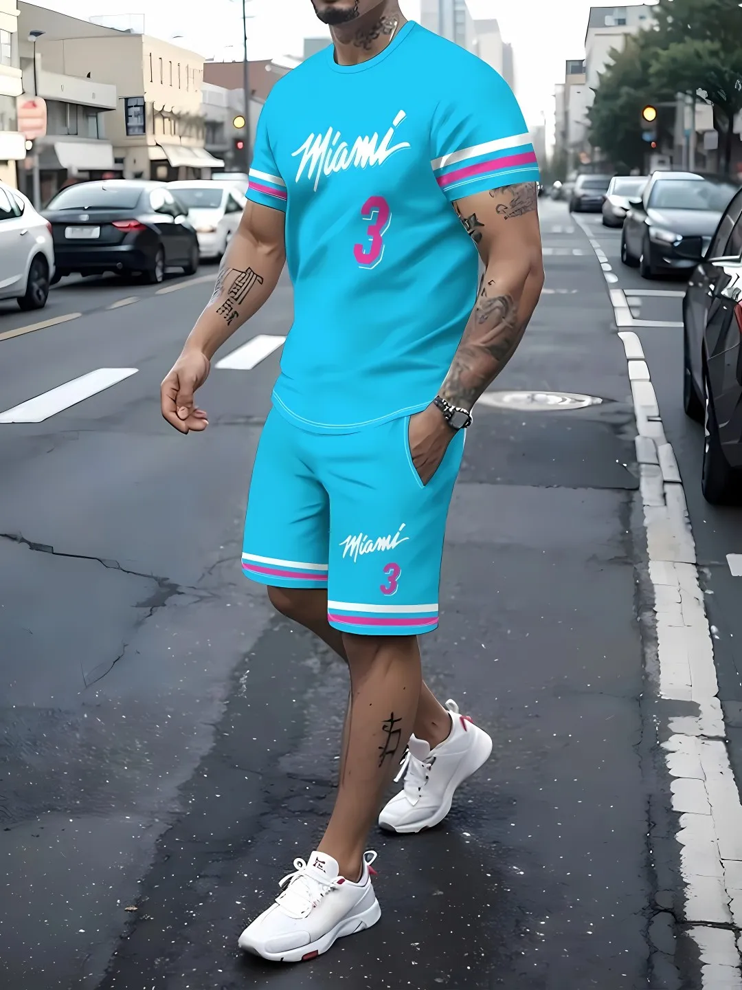 

2026 3D men's summer new casual breathable short sleeved T-shirt shorts set casual sports set two-piece set