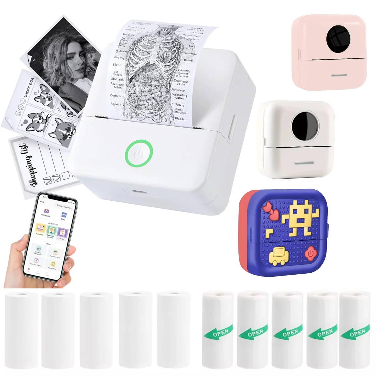 Mini Printer Portable Thermal Printer Inkless Sticker Pocket Printer for Pictures Photos Journals Halloween and Christmas gifts