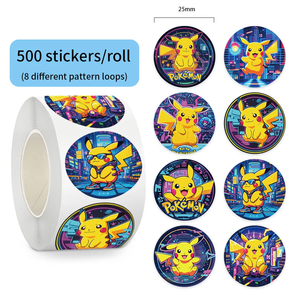 

500pcs Punk Style Pokemon Anime Pikachu Sealing Stickers Cool Cartoon Reward Sticker Roll DIY Luggage Phone Decoration Decal Toy