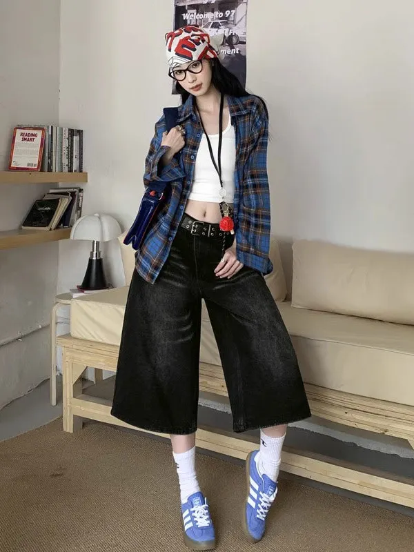 

Bla High Waist Wide Leg Seven-Five Jeans Women's Loose Straight Cut Slimming Versatile Mid-Length Casual Denim Pants