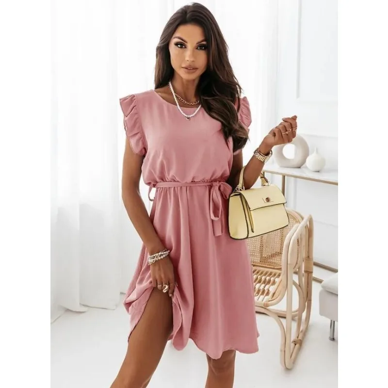 Summer new women's solid color fashion lace-up waist dress