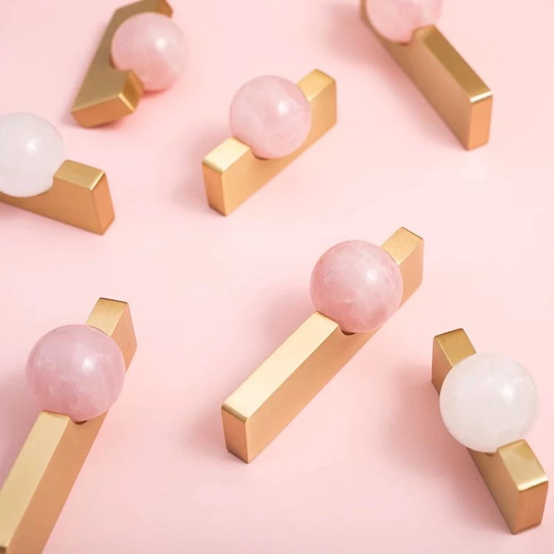 New Light Luxury Cabinet Door Handle High End Brass Wardrobe Handle Natural Crystal Ball Shoe Cabinet Drawer Long Handle