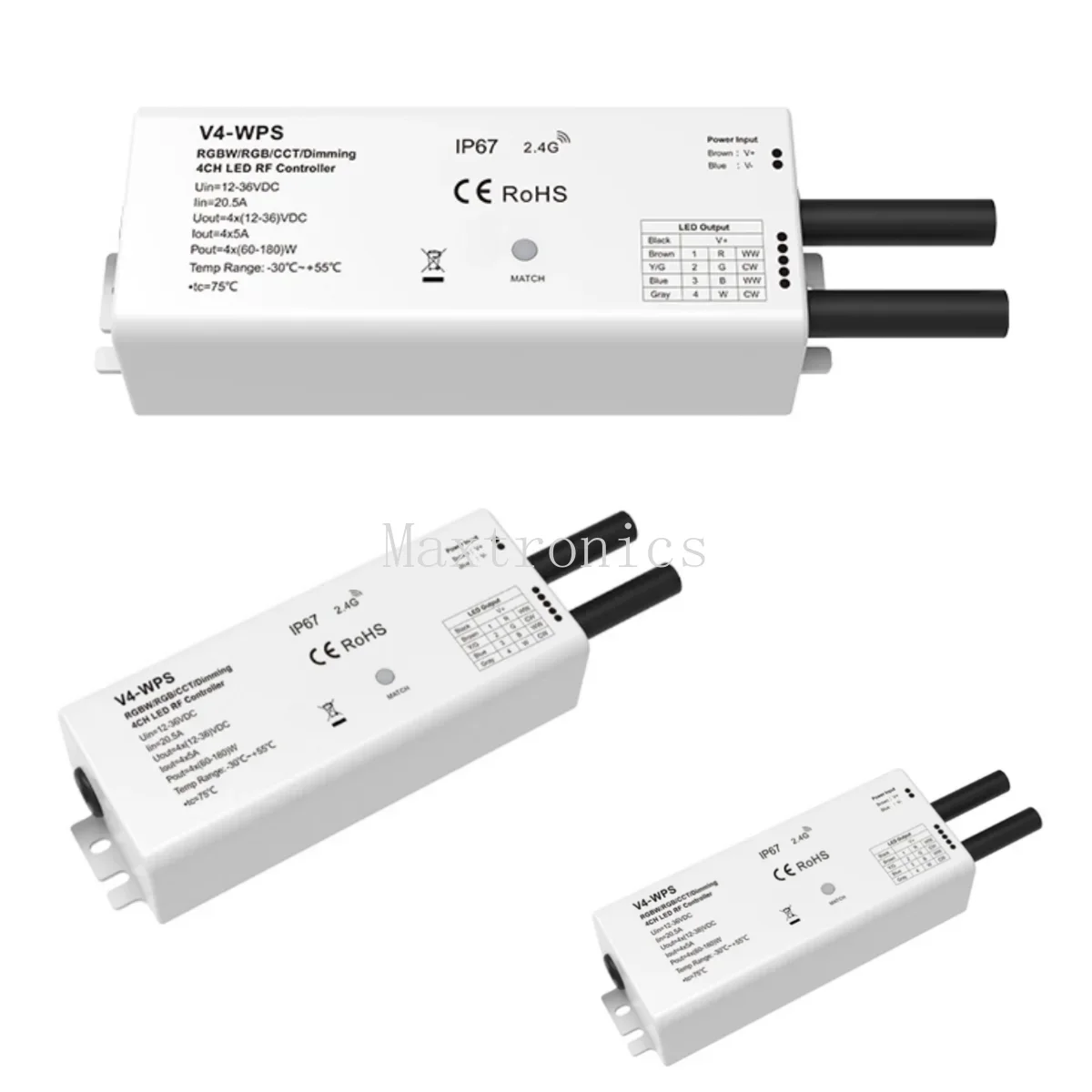 Fita impermeável LED Strip, controlador de tensão constante Dimmer, única cor, RGBW, RGB, CCT, V4-WPS, 12-36VDC, 4CH, RF, IP67