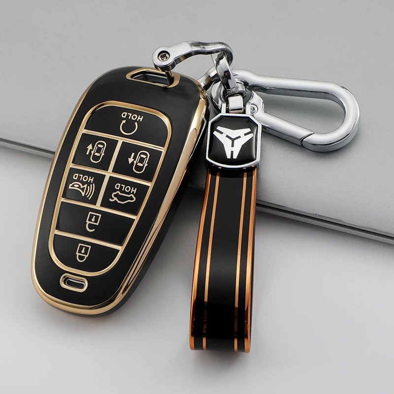 Gold Edge TPU Remote Key Fob Case Cover for 2020-2021 Hyundai Sonata Nexo DN8 Santa Fe TM Tucson NX4 Staria Ioniq 4 5 7 Buttons